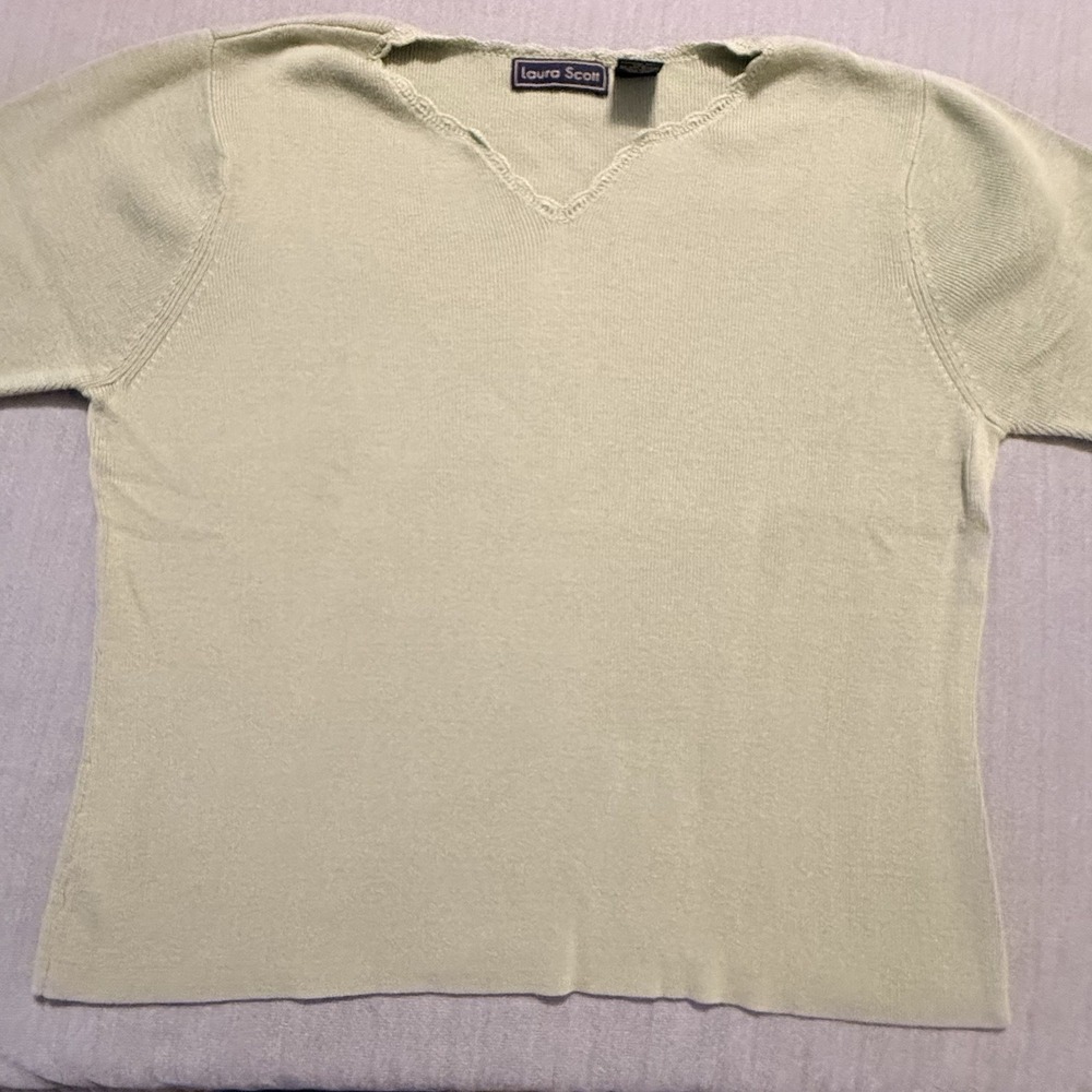 Laura Scott Womens XL Sage Green Short Sleeve Knit Sweater V Neck Cotton Blend
